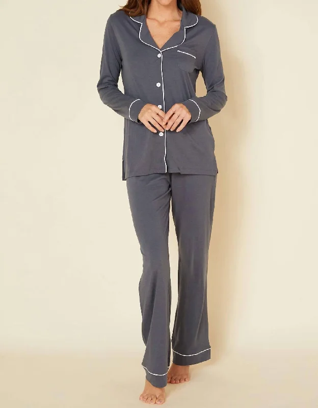 Bella Cotton Modal Long Pajama Set In Anthracite/ivory