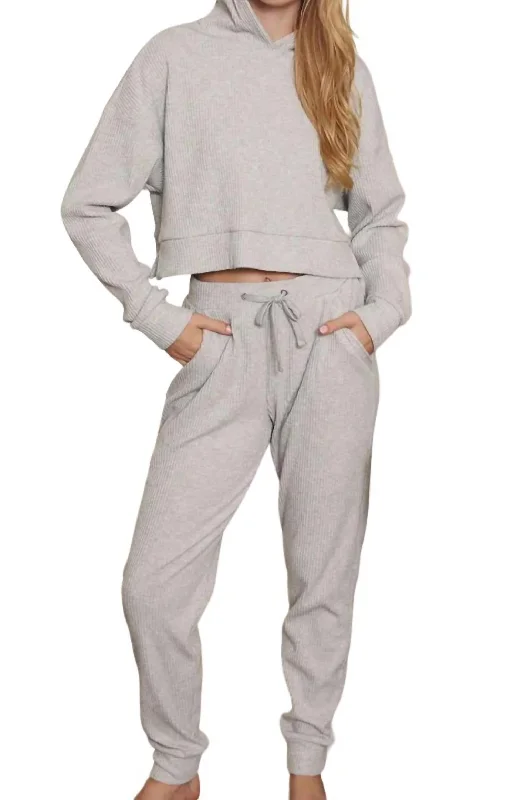 Ribbed Knit Heather Hoodie And Pants Set In Grey