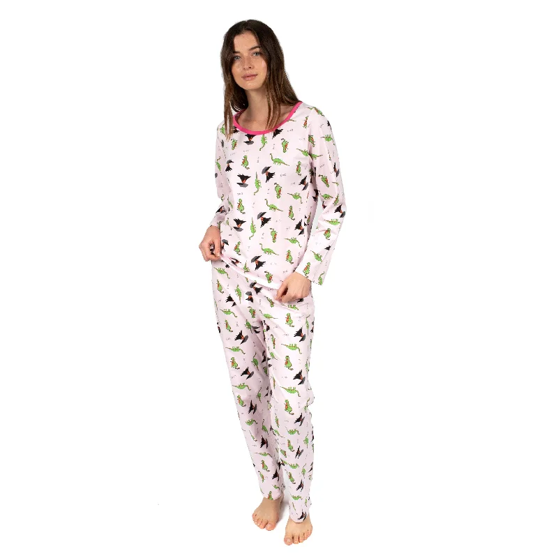 Womens Two Piece Cotton Loose Fit Pajamas Dinosaur Pink