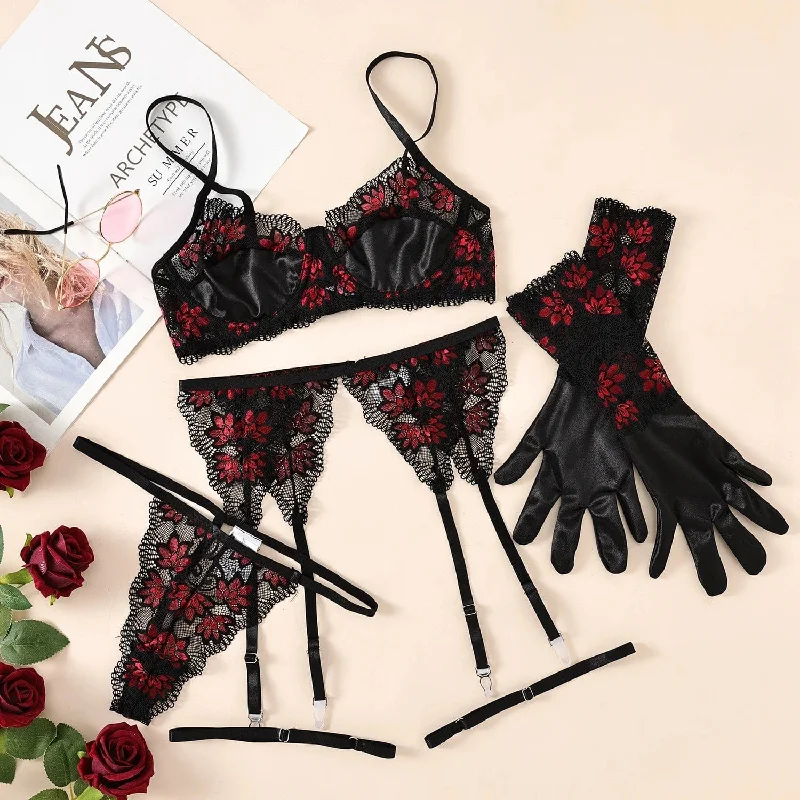 Brielle Floral Bra Panty Set with Suspender and Gloves