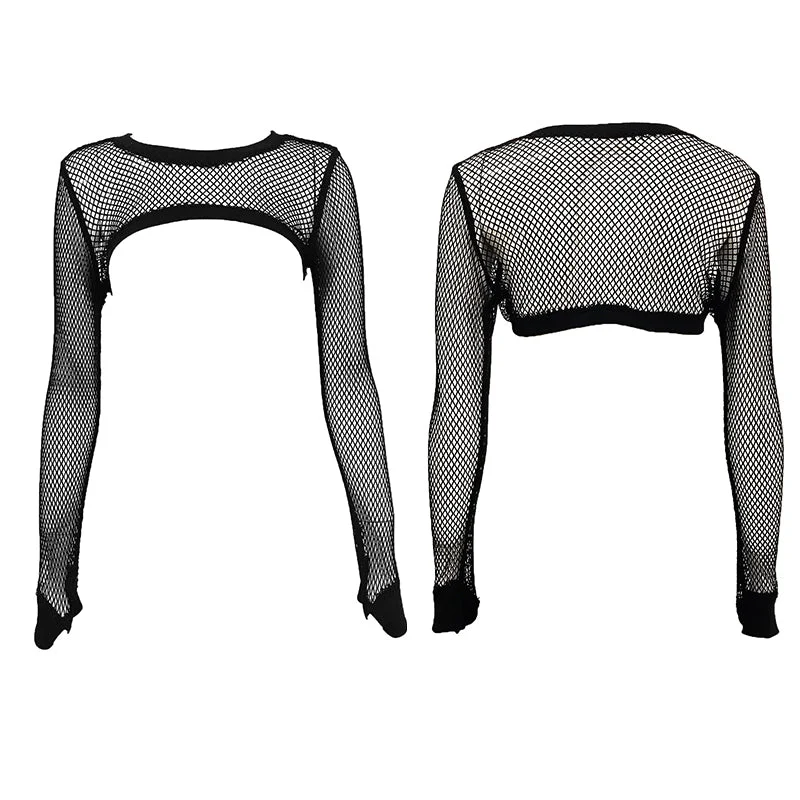 90's Shrug Super Crop Fishnet Mesh Top with Long Sleeves - Kara #40006