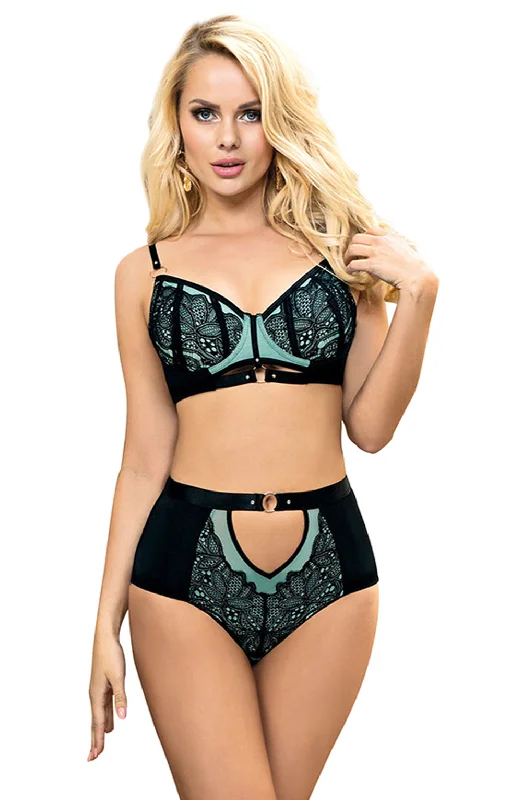 Ladies Beautiful Black Lace Underwired Bra & Sheer Black Lace Front Briefs Set