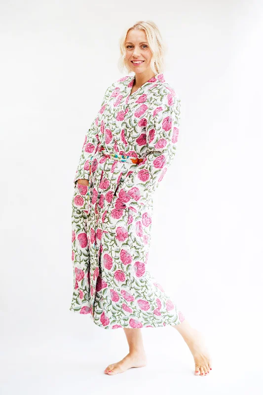 Luxury Quilted Hand Block Print Robe - Vibrant Pink Floral Print