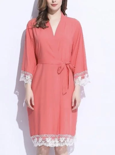 Cotton Lace Trim Robe Coral