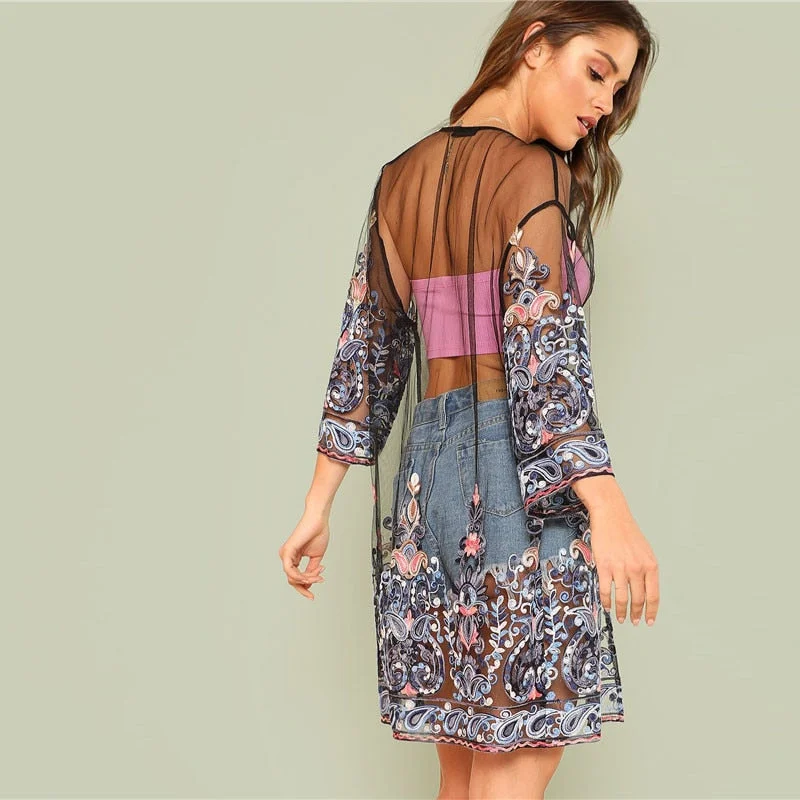 Floral Embroidery Mesh Kimono