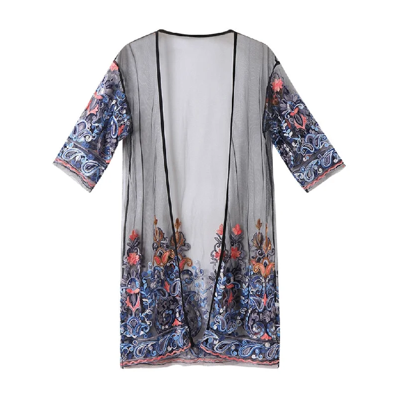 Floral Embroidery Mesh Kimono