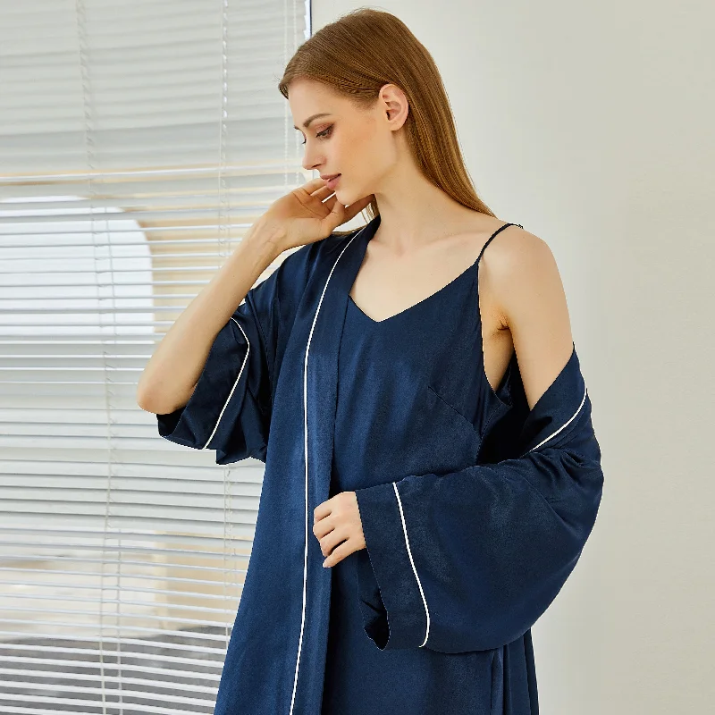 Gift Set | Pure Silk Navy Kimono Robe & Slip Dress | 22 Momme | Float Collection