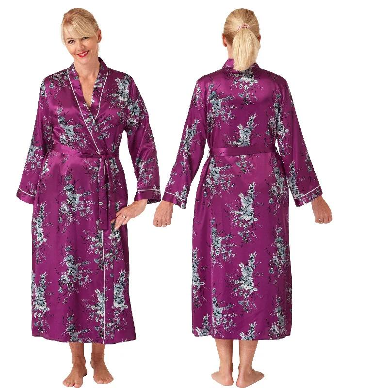 Long Full Length Fuchsia Pink Floral Sexy Satin Lace Wrap Bathrobe PLUS SIZE