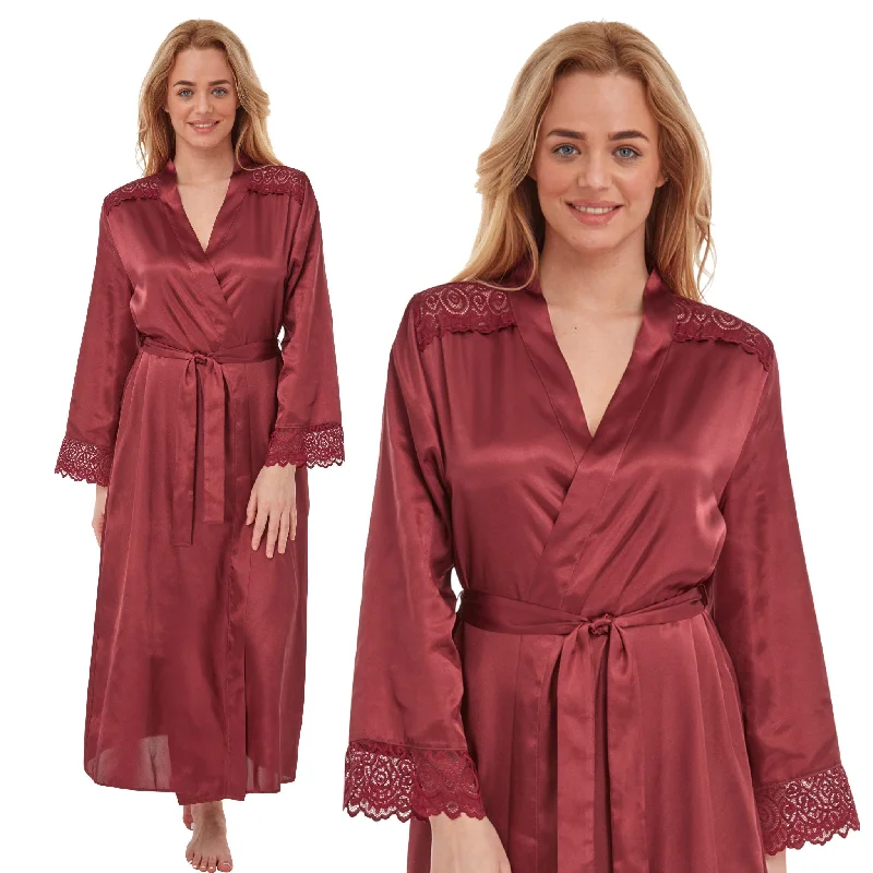 Long Full Length Plain Burgundy Red Sexy Satin Wrap Bathrobe PLUS SIZE