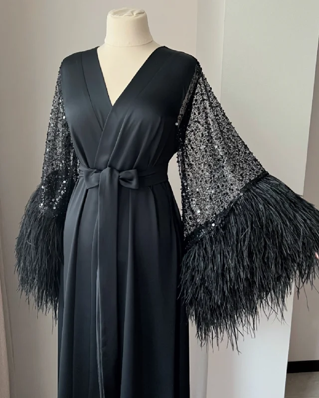 Black feather robe long Handmade