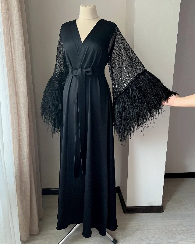 Black feather robe long Handmade