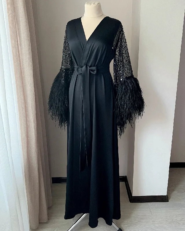 Black feather robe long Handmade