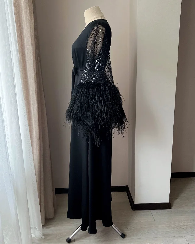 Black feather robe long Handmade