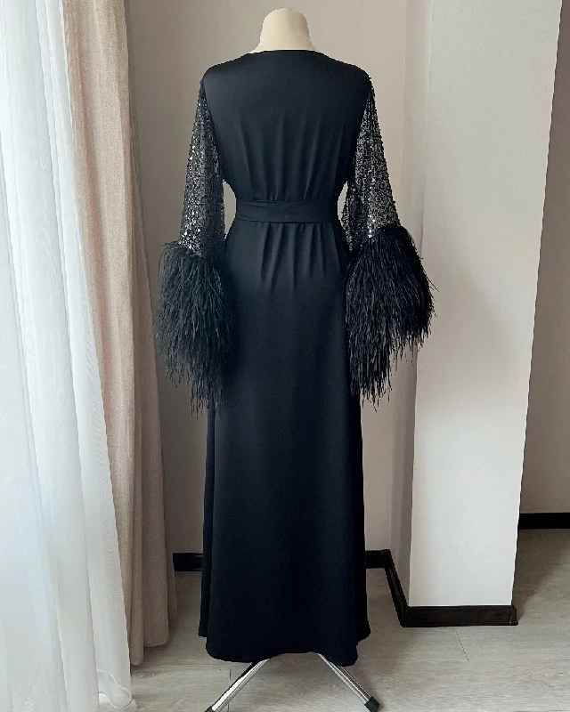 Black feather robe long Handmade