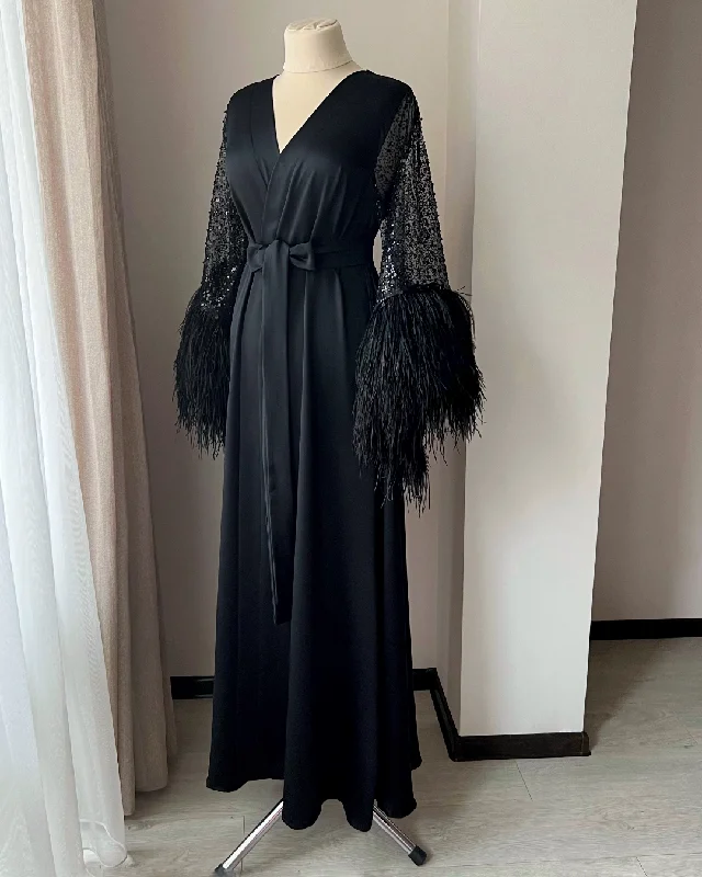 Black feather robe long Handmade