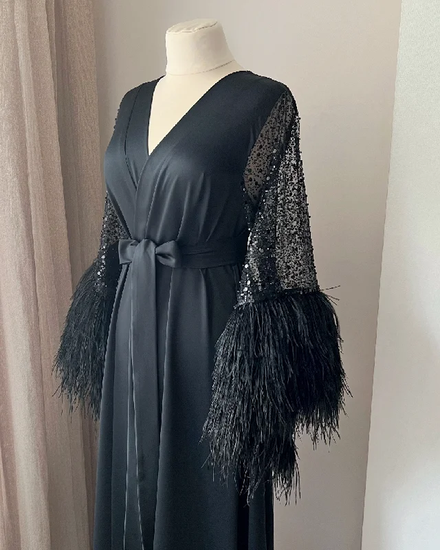 Black feather robe long Handmade