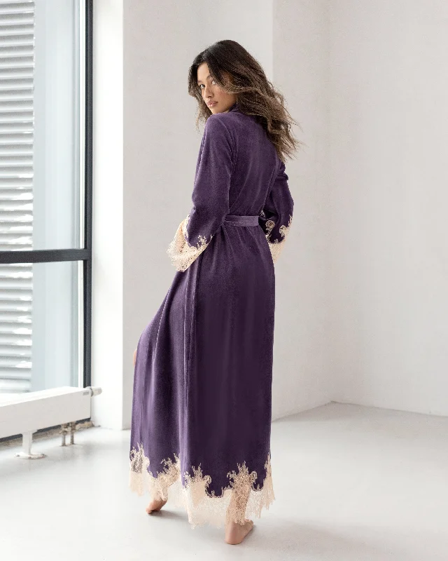 Marielle lace-trimmed velor long robe