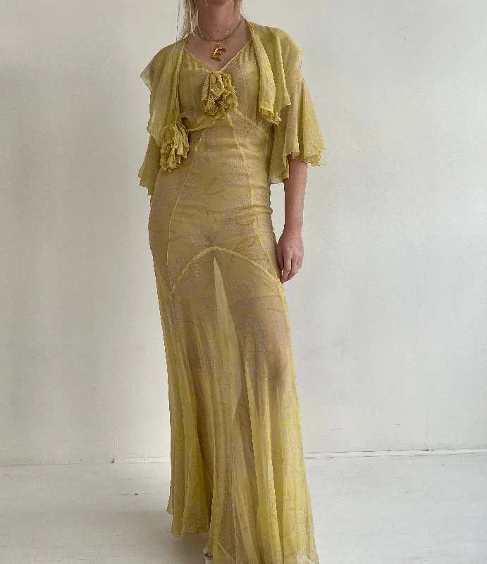 1930's Yellow Printed Silk Chiffon Dress with Matching Jacket