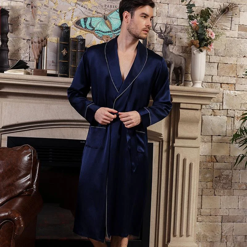 High Quality Navy Blue Silk Robe For Men