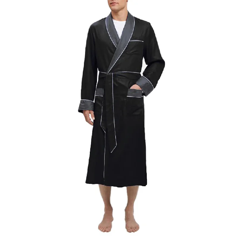 Heavyweight Black Silky Satin Robe with Contrasting  Grey Shawl Collar