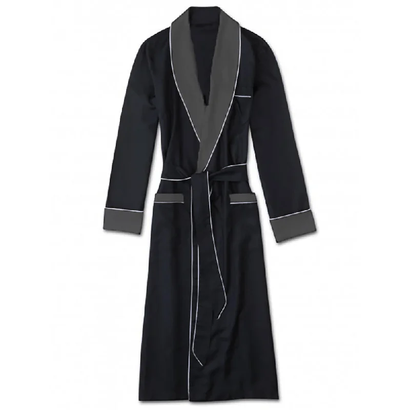 Heavyweight Black Silky Satin Robe with Contrasting  Grey Shawl Collar