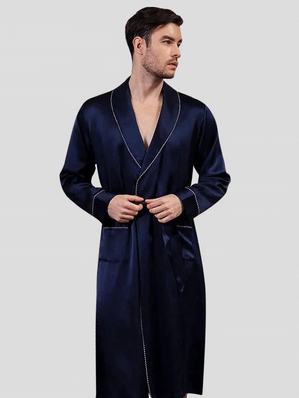 Dotted Piping men's Silk Robe long