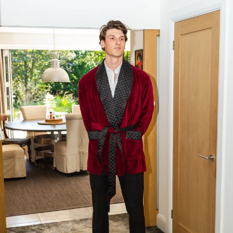 Belgravia Luxury Cotton Short Velvet Smoking Jacket in Burgundy