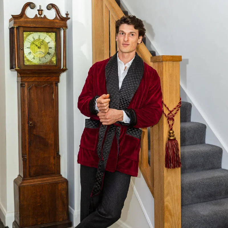 Belgravia Luxury Cotton Short Velvet Smoking Jacket in Burgundy