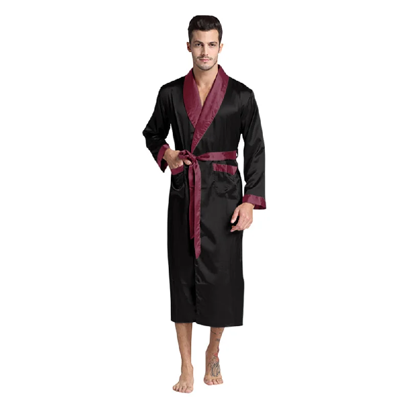 Black Burgundy Collar Silky Satin Robe