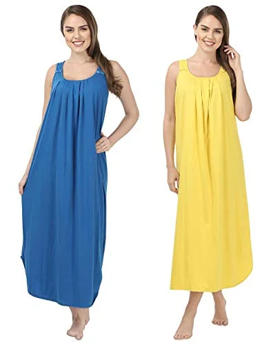 BLAZON Women's Cotton Nighty Slip - Set of 2 (Royal Blue & Yellow)