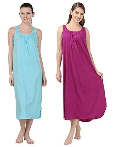 BLAZON Women's Cotton Nighty Slip - Set of 2 (Turquoise & Vivid Violet)