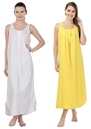 BLAZON Women's Cotton Nighty Slip - Set of 2 (White & Yellow)