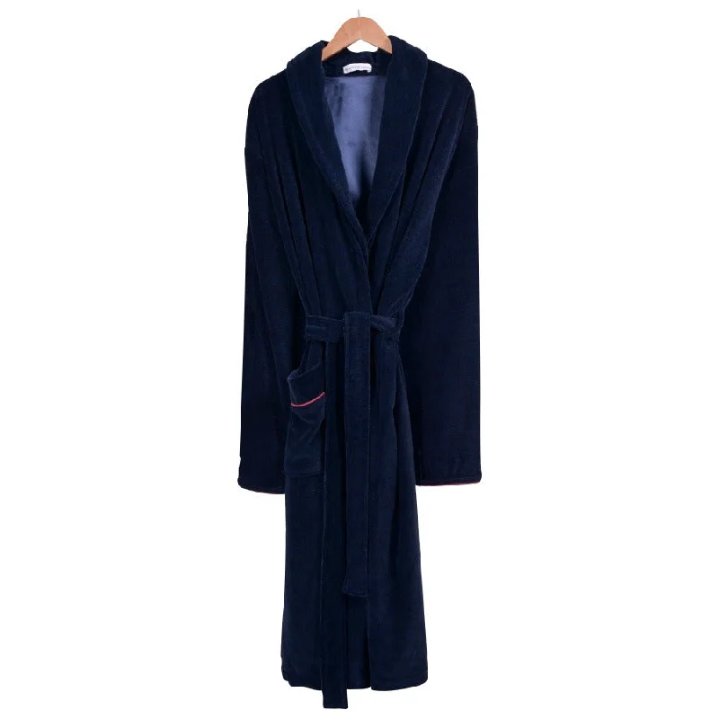 Carnegie Luxury Cotton Long Velvet Smoking Jacket in Navy