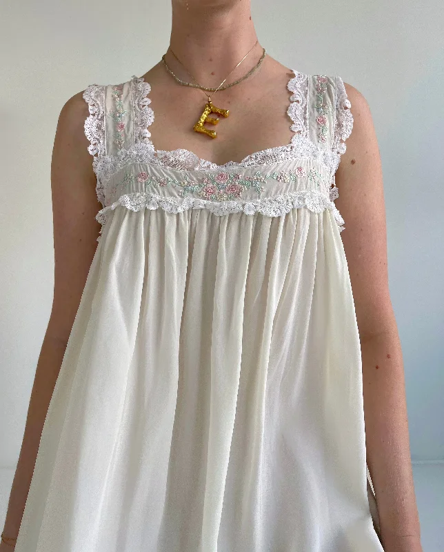 1930's Off White Silk Slip Dress with Floral Embroidery