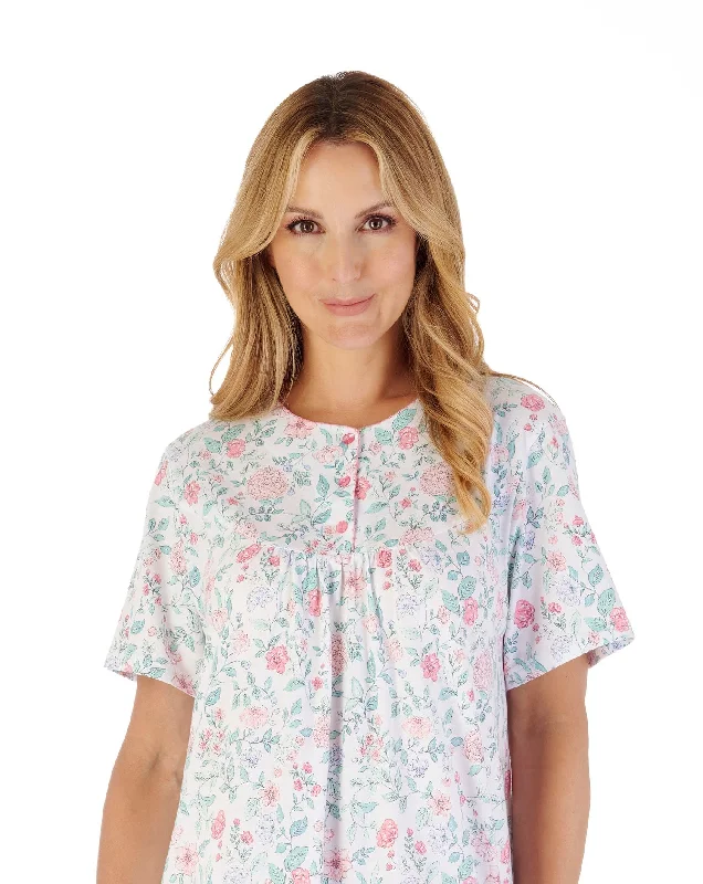 42"" Trailing Floral Print Cotton Jersey Nightdress