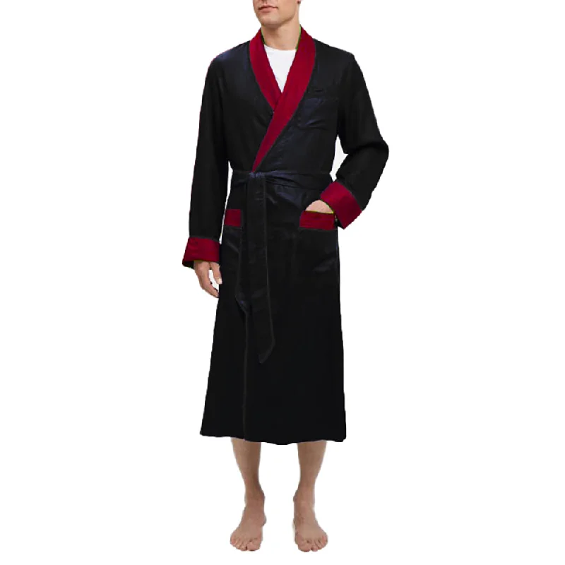 Heavyweight Black Silky Satin Robe with Contrasting Burgundy Shawl Collar