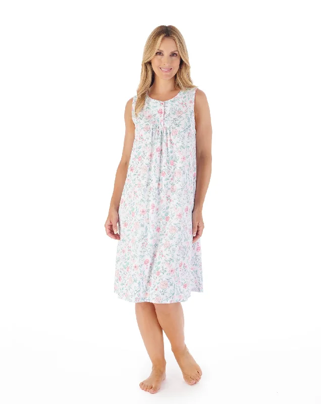 40"" Trailing Floral Print Cotton Knit Nightgown