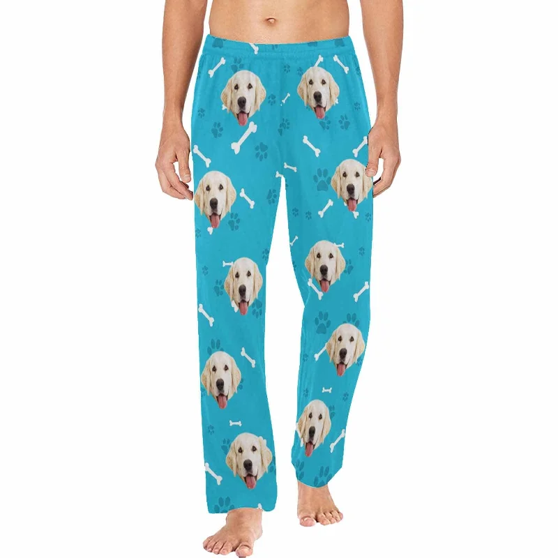 Custom Couple Face Dog Bone Paw Print Blue Background Sleepwear Personalized Women's&Men's Slumber Party Long Pajama Pants