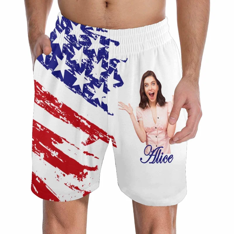 Custom Face Men's Pajama Shorts Personalized American Flag Sleepwear Shorts