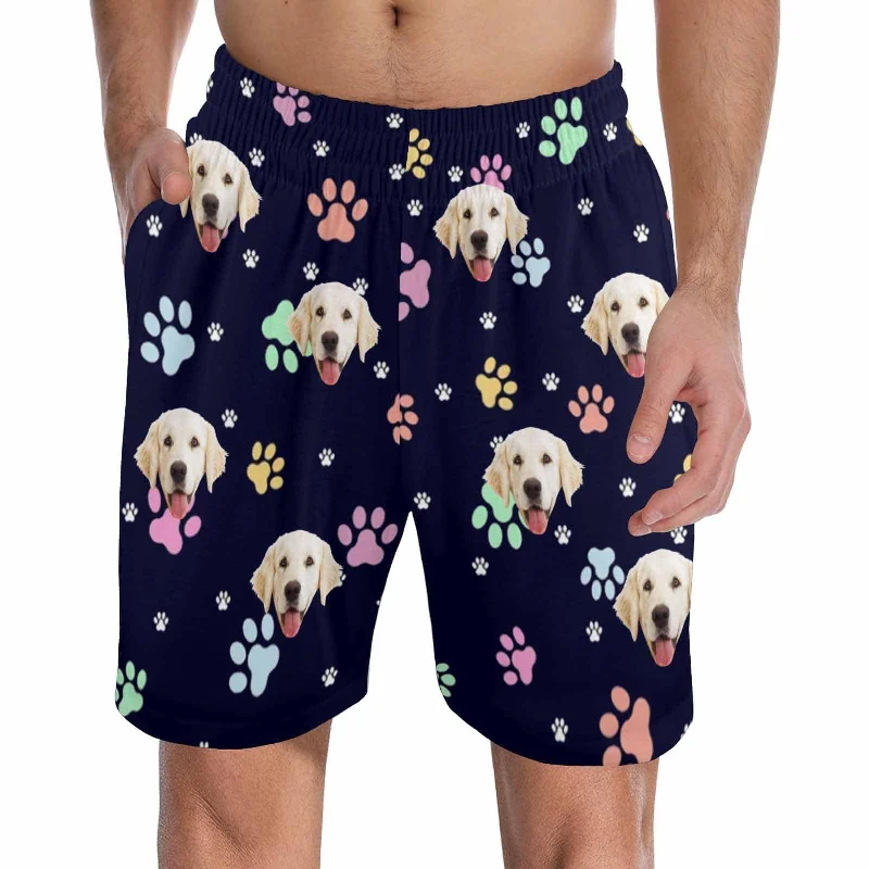 Custom Face Men's Pajama Shorts Personalized Paw Print Sleepwear Shorts