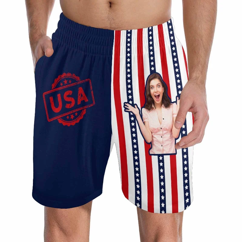 Custom Face Men's Pajama Shorts Personalized USA Flag Sleepwear Shorts