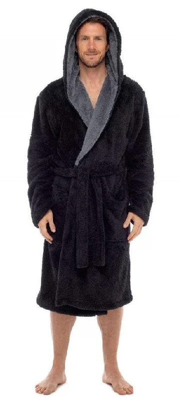 Fleece Bathrobes - Black Contrast Grey Hooded