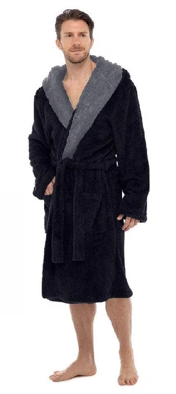 Fleece Bathrobes - Black Contrast Grey Hooded