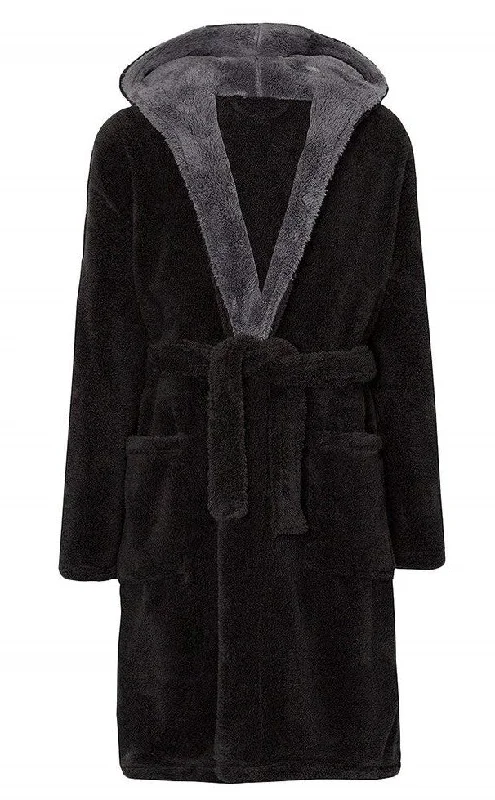 Fleece Bathrobes - Black Contrast Grey Hooded