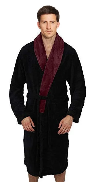 Fleece Bathrobes with Featured Shawl Collar - Black & Burgundy