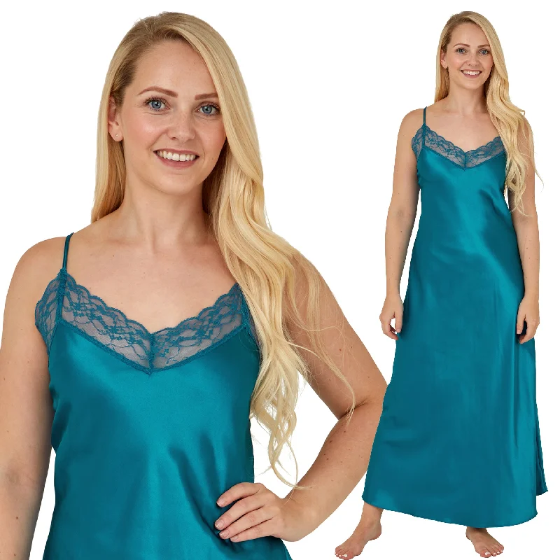 Long Full Length Teal Blue Sexy Satin Lace Nightdress Chemise Negligee Lingerie PLUS SIZE