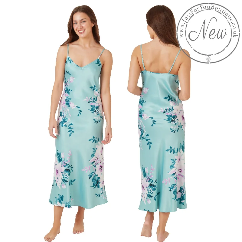 Long Full Length Aqua Floral Blossom Sexy Satin Nightdress Negligee Lingerie PLUS SIZE