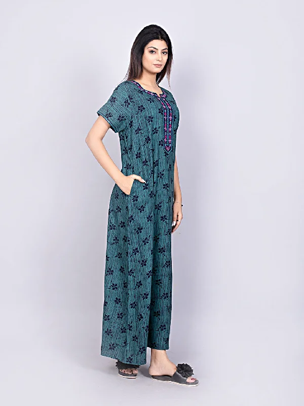 Evolove Alpine Fabric Nighty Maxi for Women with Side Pocket and Neckline Embroidery | Printed Short Sleeves Full Length Night Wear Gown