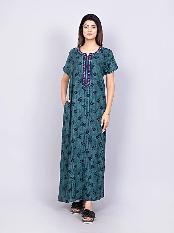 Evolove Alpine Fabric Nighty Maxi for Women with Side Pocket and Neckline Embroidery | Printed Short Sleeves Full Length Night Wear Gown