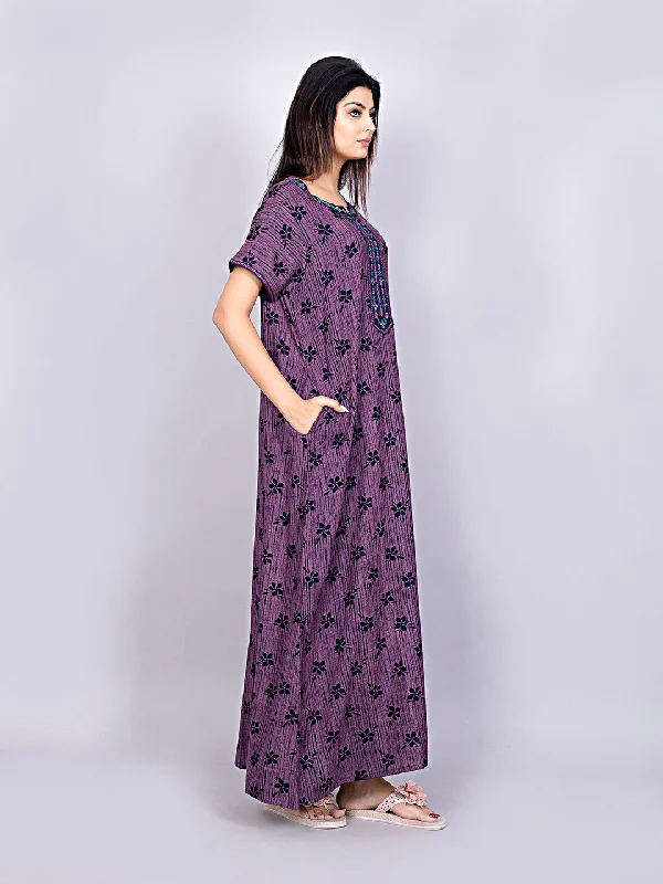 Evolove Alpine Fabric Nighty Maxi for Women with Side Pocket and Neckline Embroidery | Printed Short Sleeves Full Length Night Wear Gown